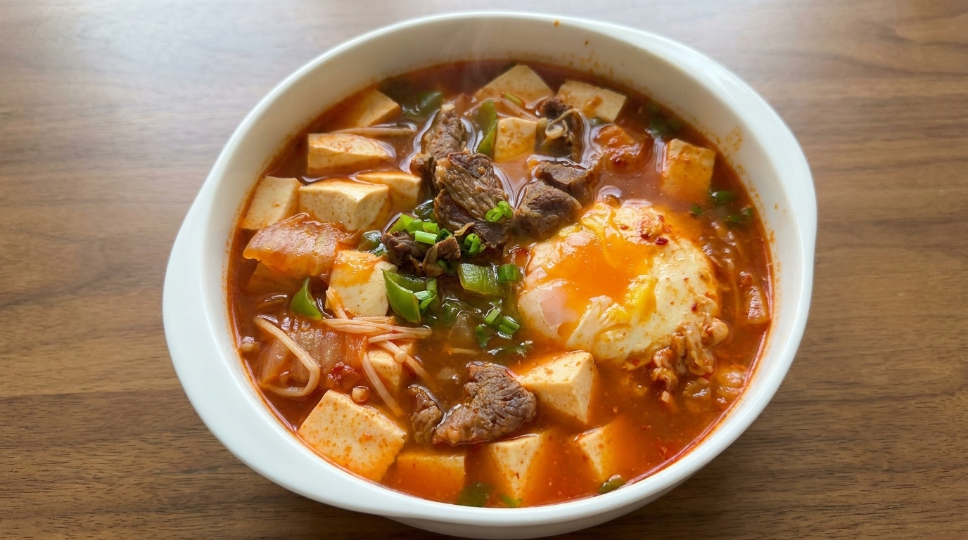 A thick, spicy red sauce being poured over the layered ingredients in the pan.