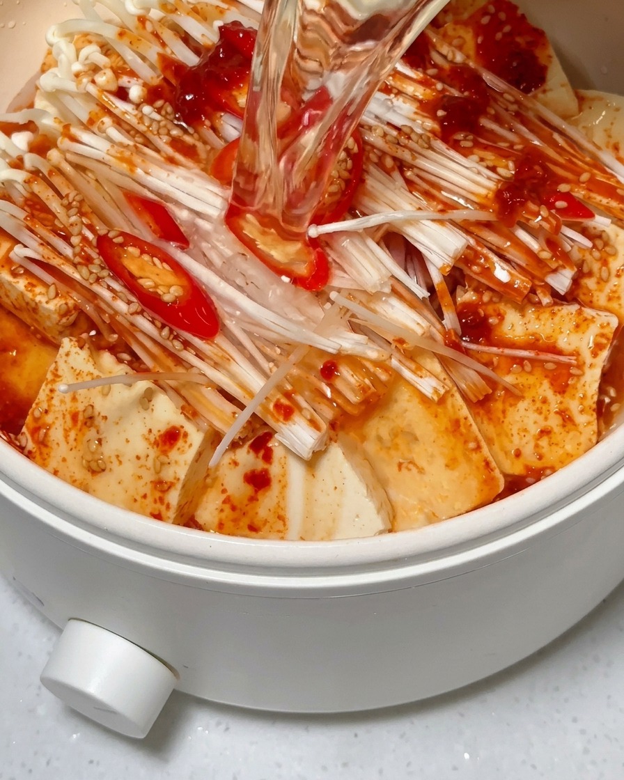 Water being added to the pan, partially covering the seasoned tofu and meat.