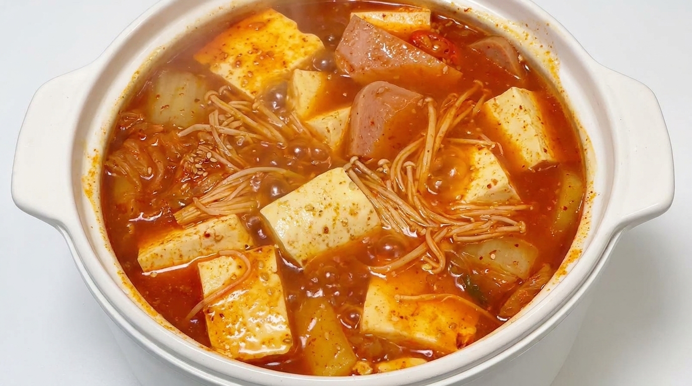 A bubbling pot of Kimchi Tofu Soup featuring chunks of tofu, luncheon meat, and enoki mushrooms in a vibrant red broth.