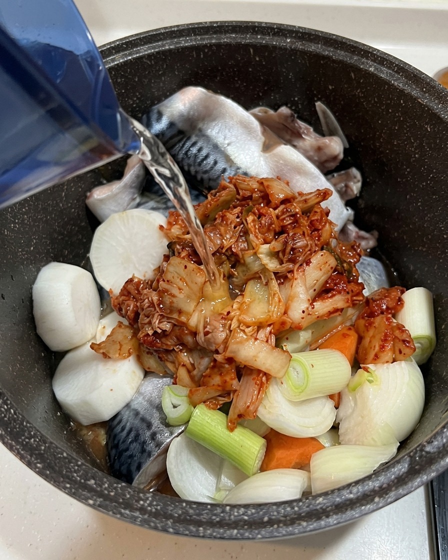 A stream of clear water being poured from a blue pitcher into the cooking pot containing mackerel, radish, and kimchi.