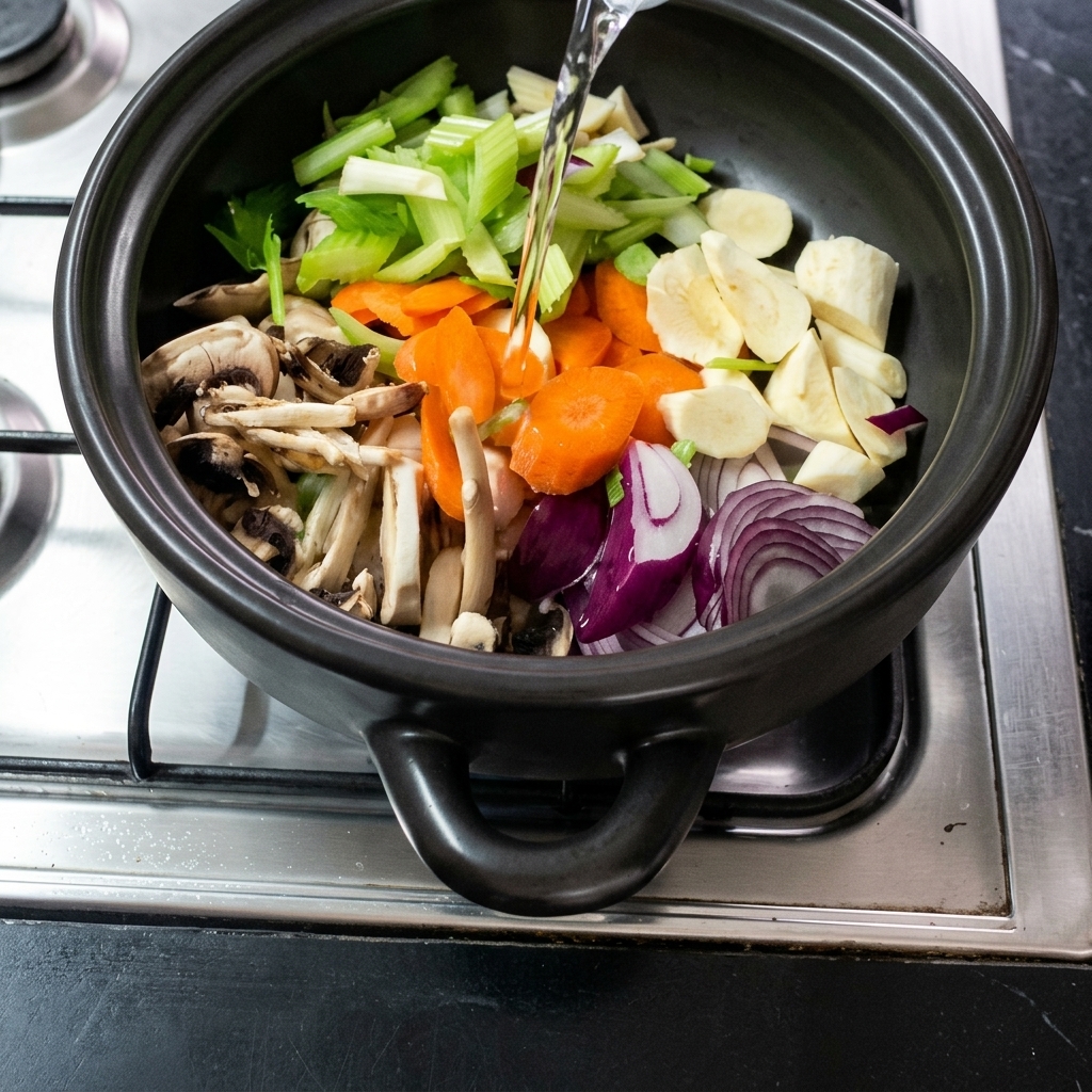 Water being poured from above into the clay pot, filling it around the arranged vegetables.