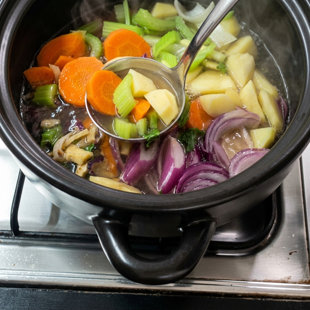 Three raw mackerel fillets sitting on top of the boiling vegetable broth in the clay pot.