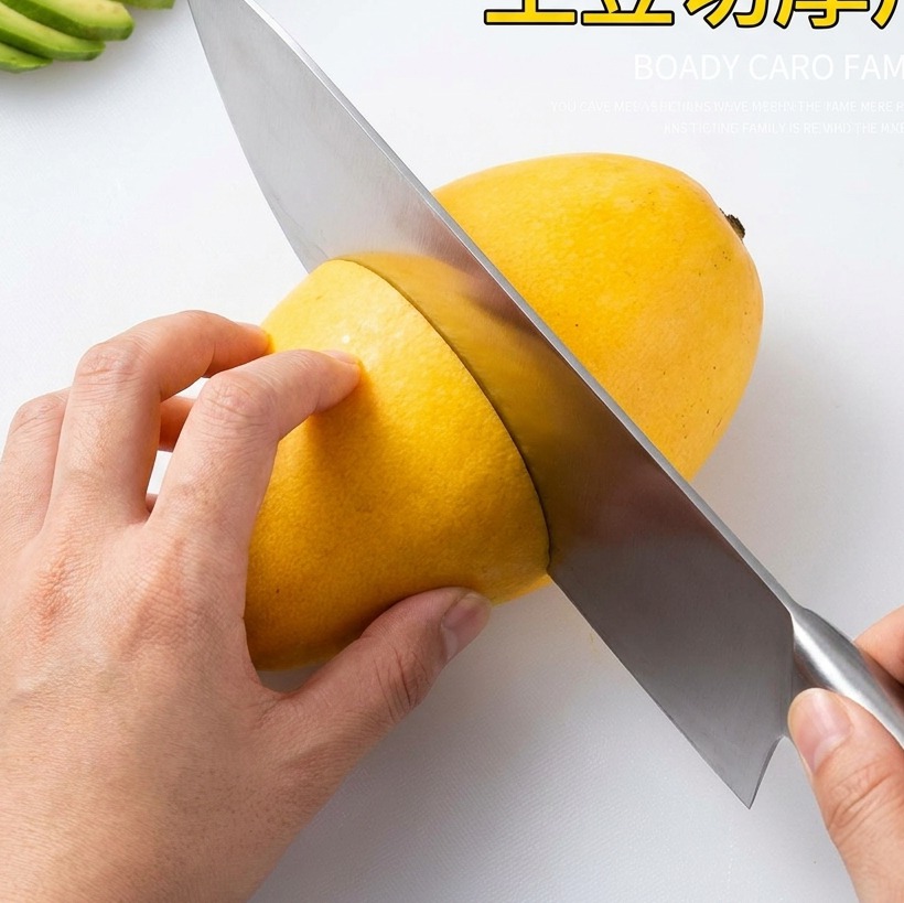 Thick potato slices arranged on a clean white cutting board.