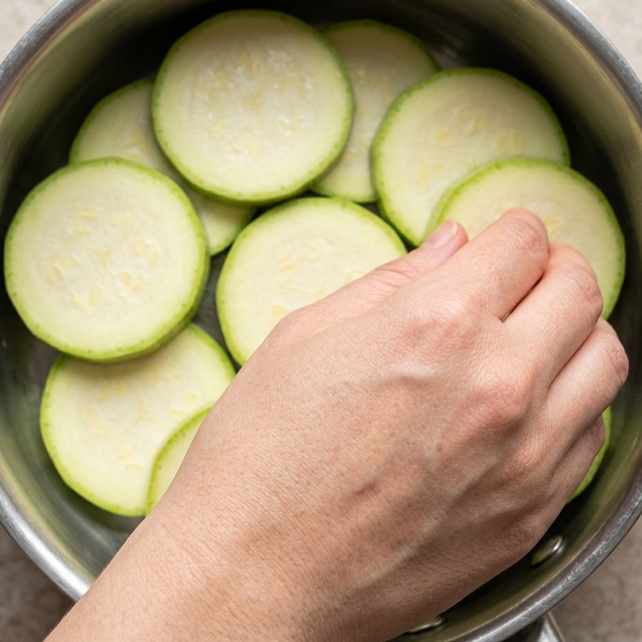 Slices of potato being carefully layered into a stainless steel pot.