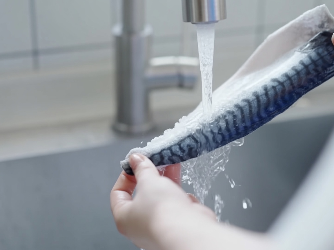 A raw mackerel fillet being rinsed under a steady stream of water from a kitchen faucet.