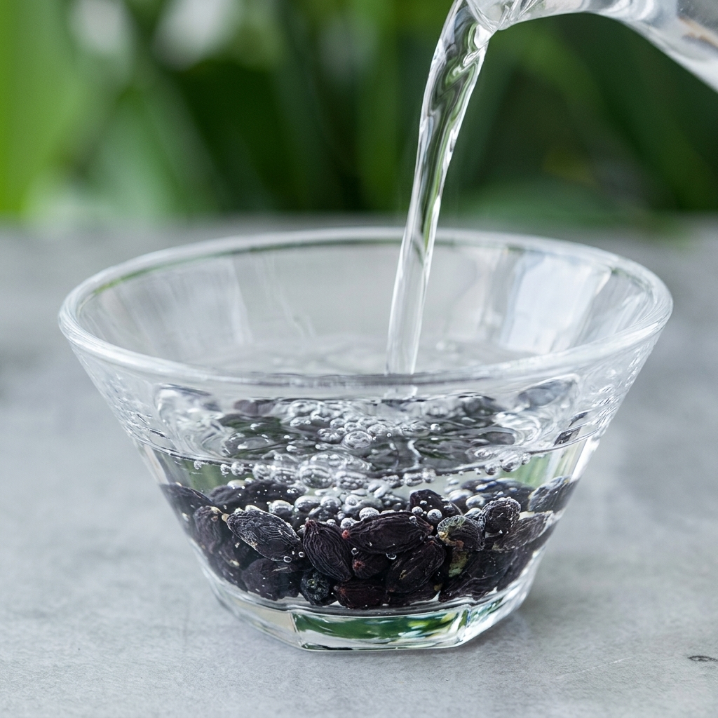 Warm water being poured over a small portion of dried black wakame seaweed in a glass bowl.