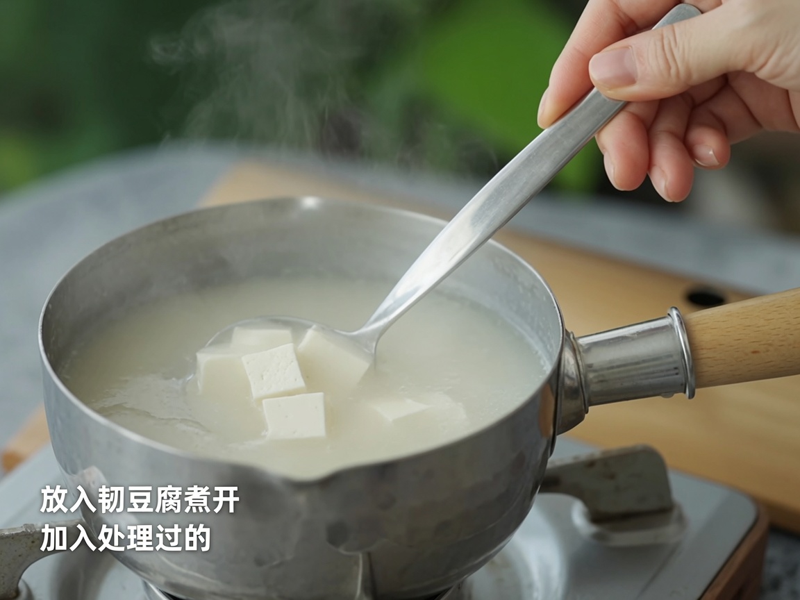 Soft white tofu cubes being ladled into a pot of steaming miso broth.