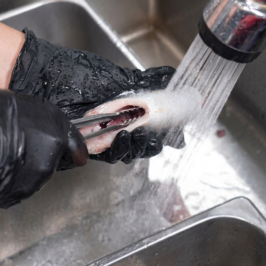 Cleaning the inside of a mackerel piece with tongs under a kitchen faucet.