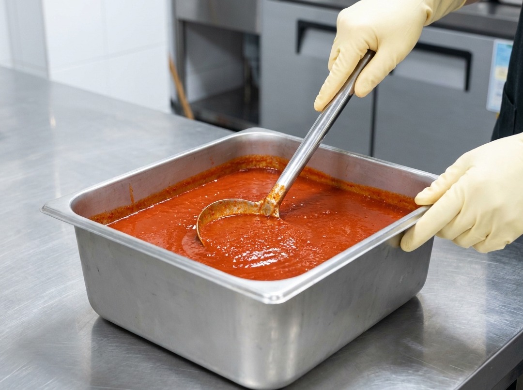 Ladling a thick, vibrant red spicy sauce into a large pot of water.