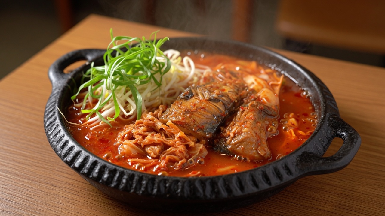 A hearty serving of spicy kimchi mackerel stew, simmered until tender and garnished with fresh scallions and bean sprouts.