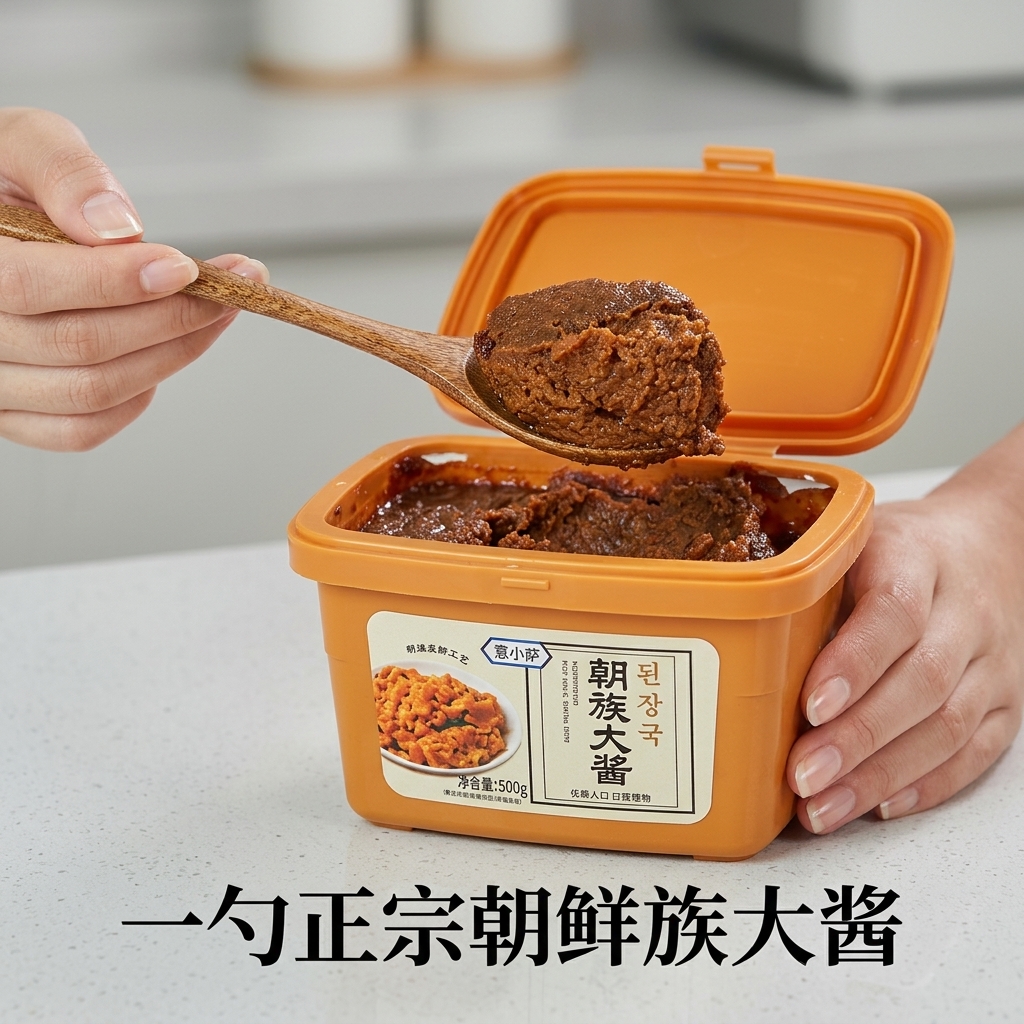 A wooden spoon stirring a dollop of thick brown soybean paste into a dark pot filled with liquid.