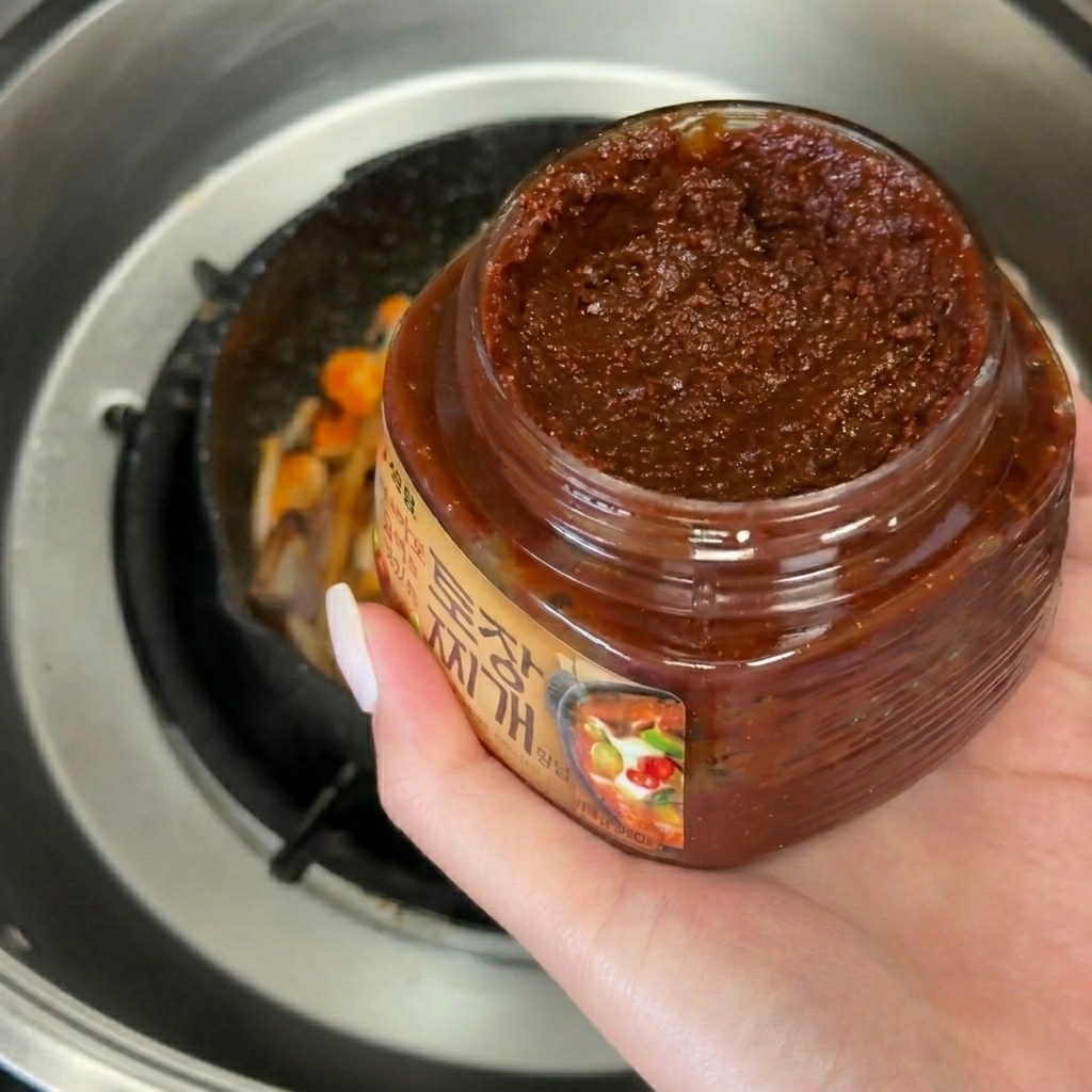 A large spoonful of thick Korean soybean paste being added to the sautéed vegetables in the pan.