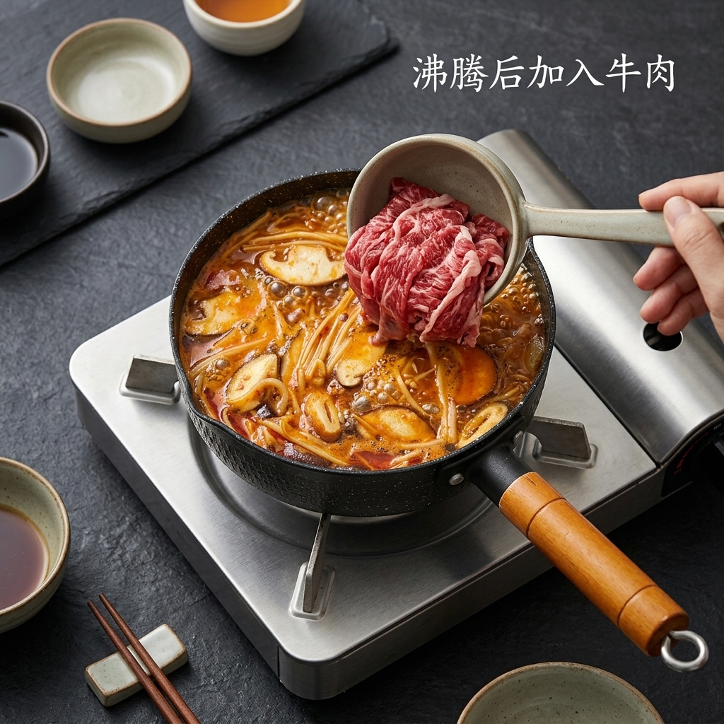 Thinly sliced raw beef being added to a pot of bubbling red Korean-style broth.
