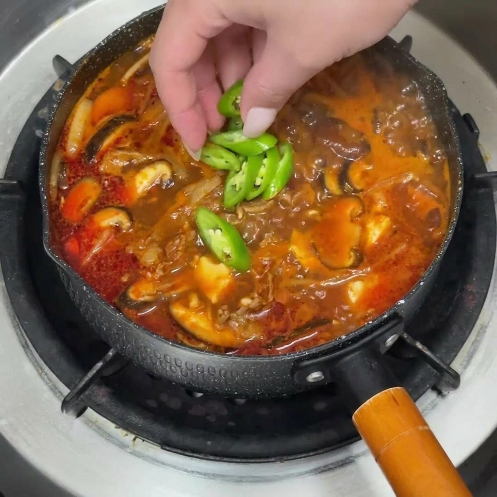A hot pot of beef stew garnished with vibrant green chili slices and fresh chopped scallions.