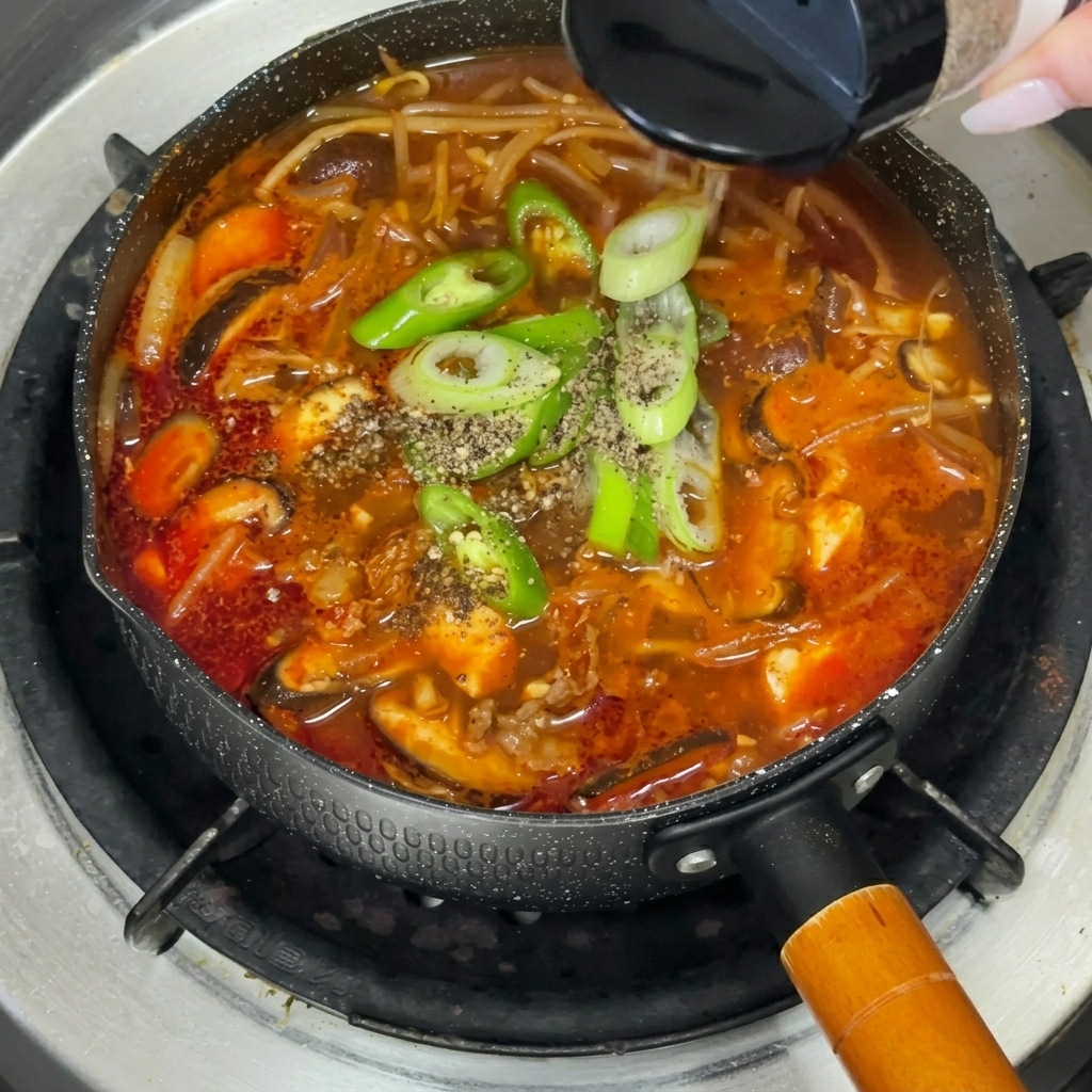 Dry perilla powder being sprinkled over the top of a finished, steaming pot of beef doenjang stew.
