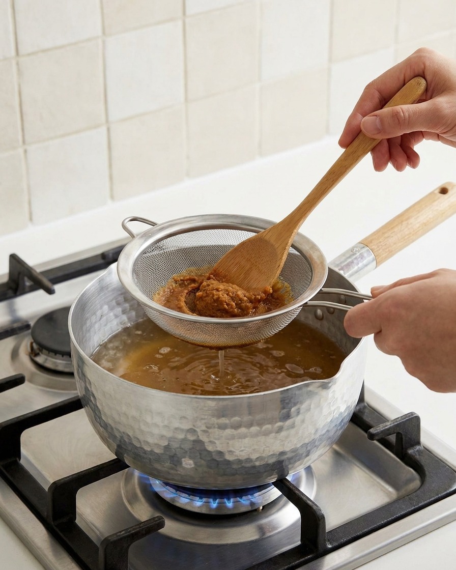 Two spoonfuls of brown soybean paste being pushed through a wire mesh strainer into the broth with a wooden spoon.