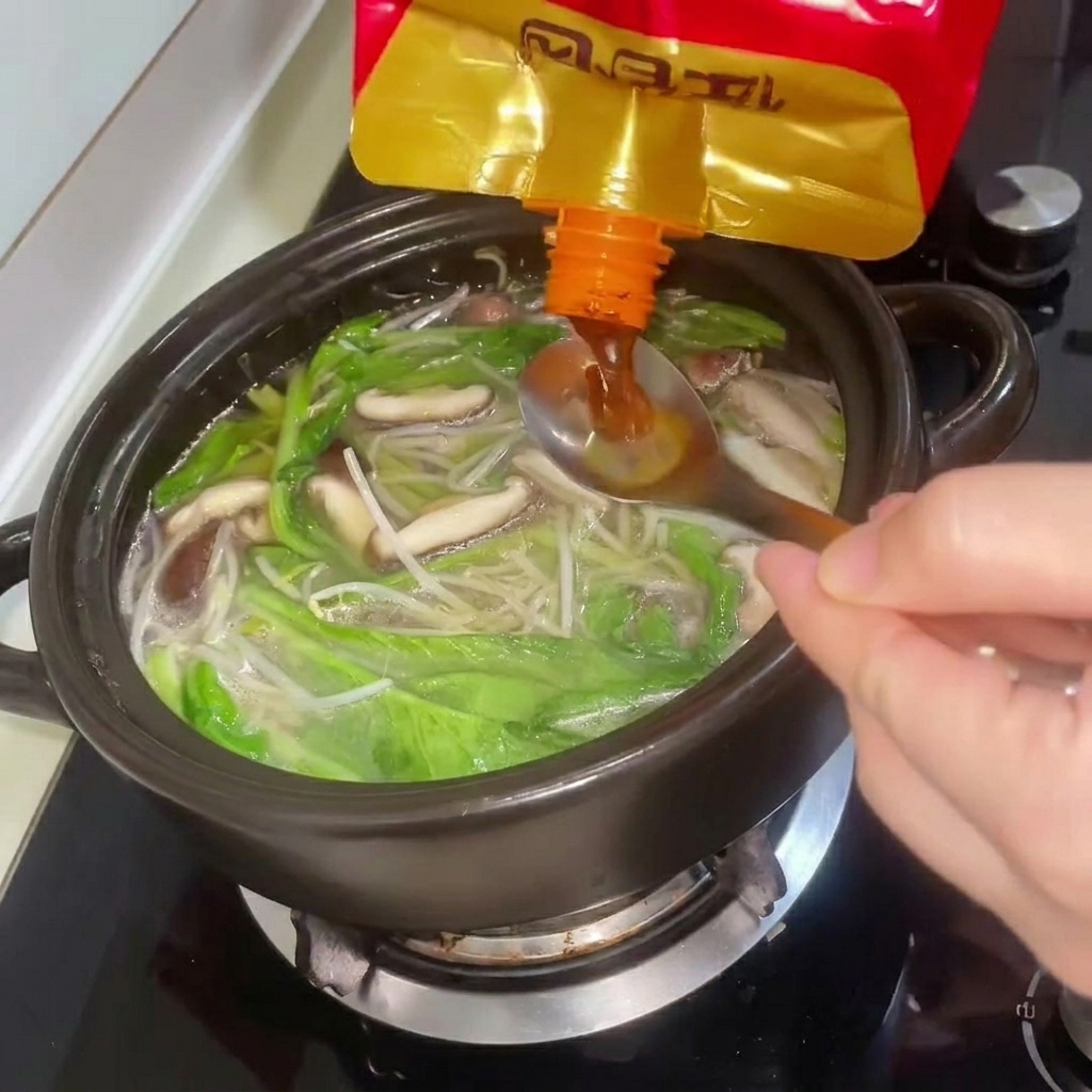 A spoonful of soybean paste being stirred into the broth in the clay pot.