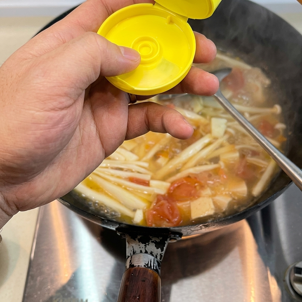 A spoonful of white lard melting into a shimmering liquid in a hot wok.