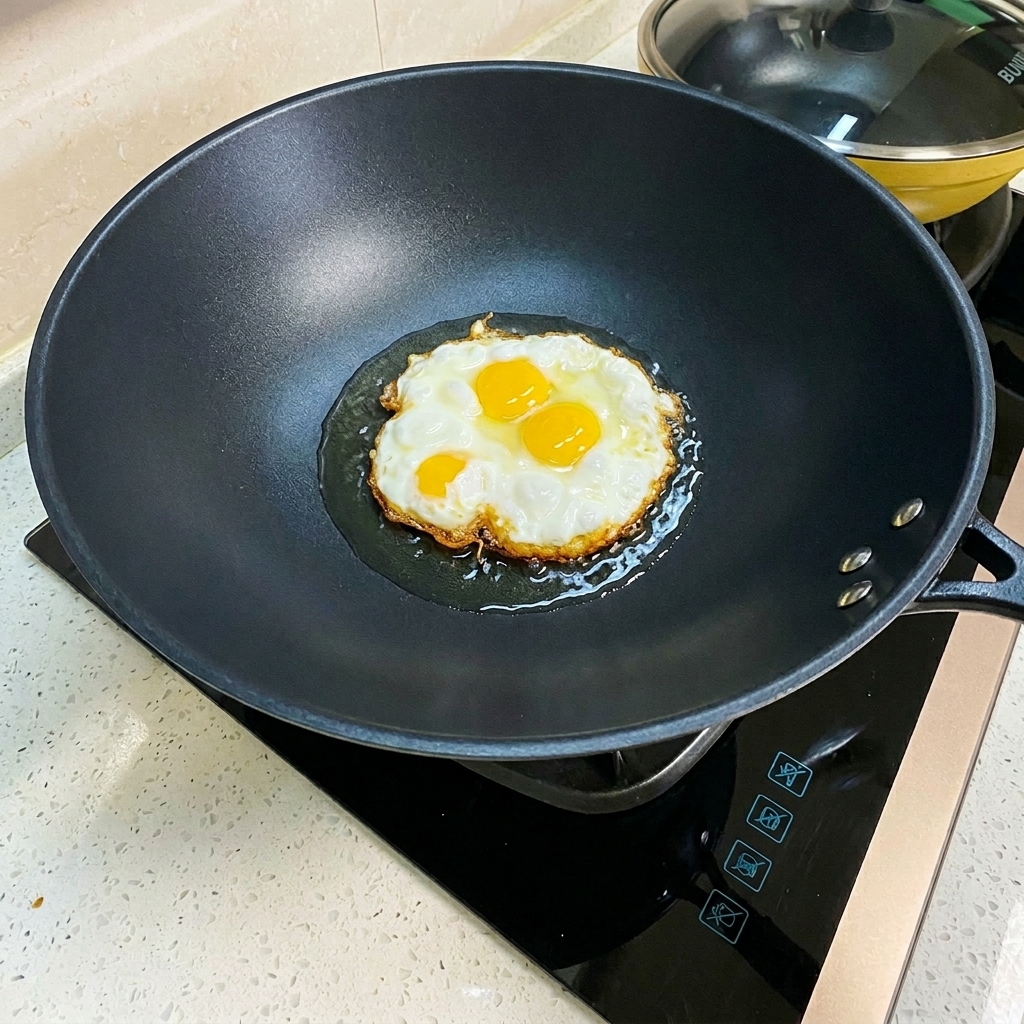 Fried egg being flipped in a wok, showing a golden, crispy underside.