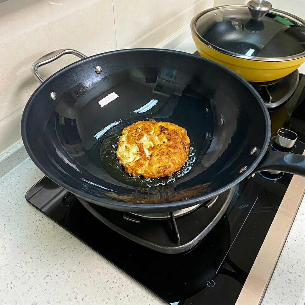 Large chunks of golden fried egg being broken up by a metal spatula in a wok.