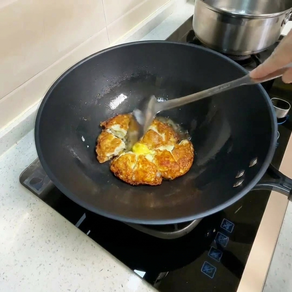 Hot water being poured into the wok with fried eggs, creating steam.
