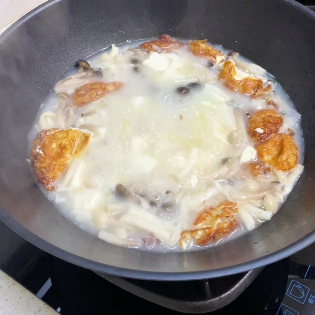 The mushroom and tofu soup simmering in a wok with seasonings being added.