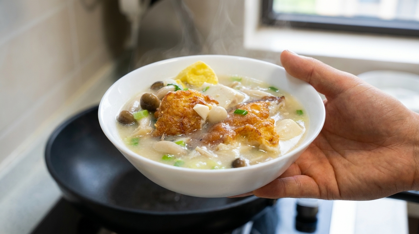 Golden Fried Egg, Mushroom, and Tofu Soup