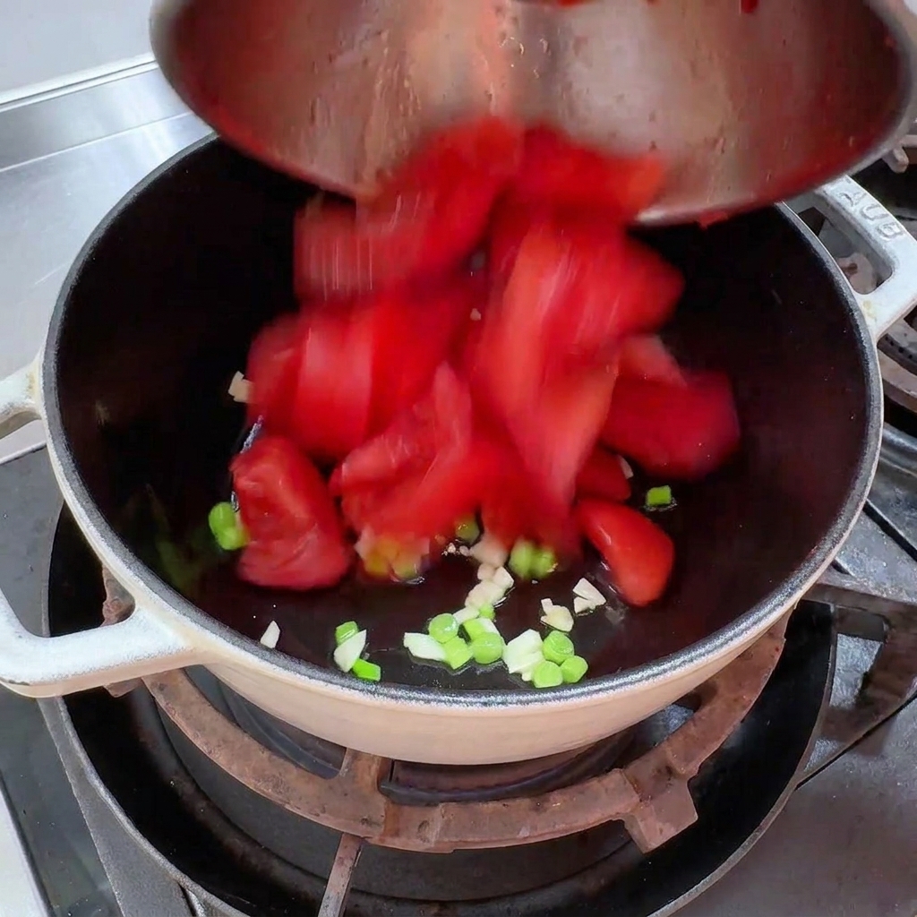 Freshly peeled tomato chunks being poured into a pot.