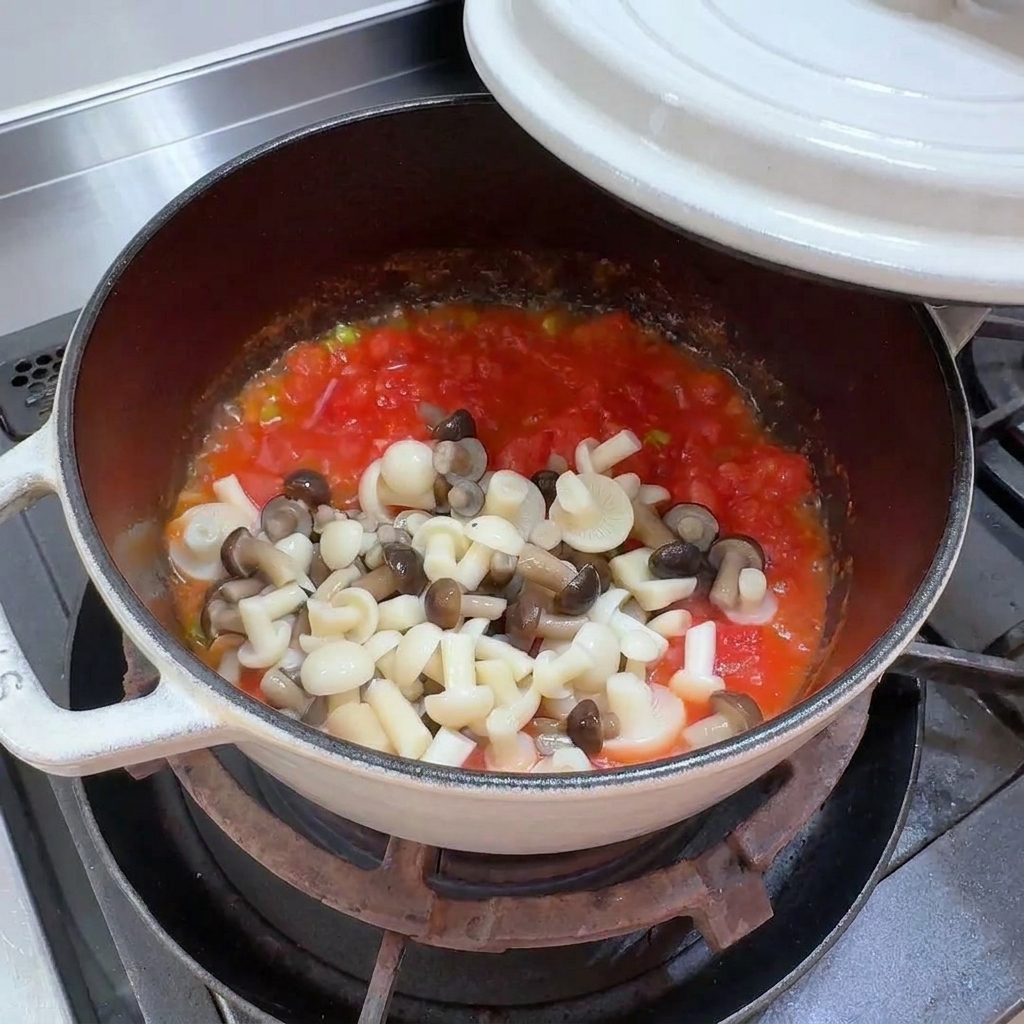 Fresh beech mushrooms being added to the cooked tomato mixture.