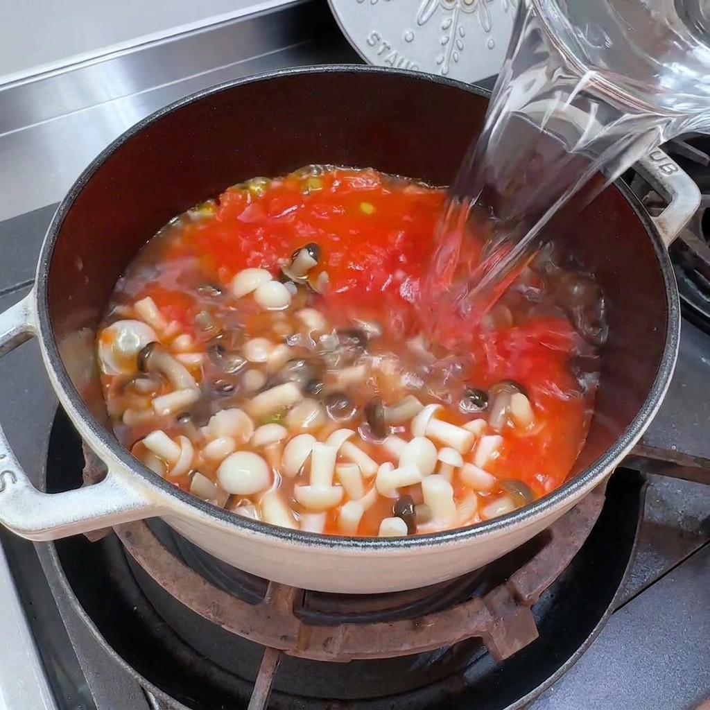 Water being poured from a pitcher into the soup pot.