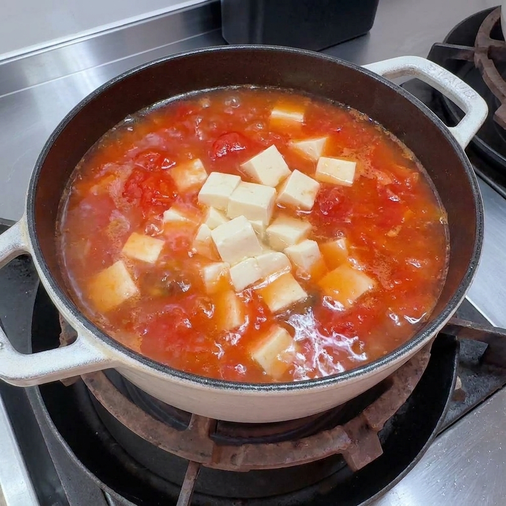 Soft tofu cubes being added to the simmering tomato and mushroom broth.