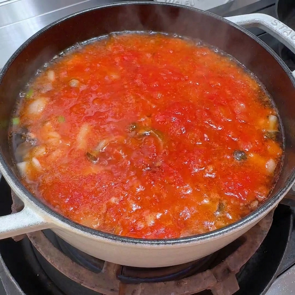 A pot of boiling red tomato and mushroom soup on the stove.