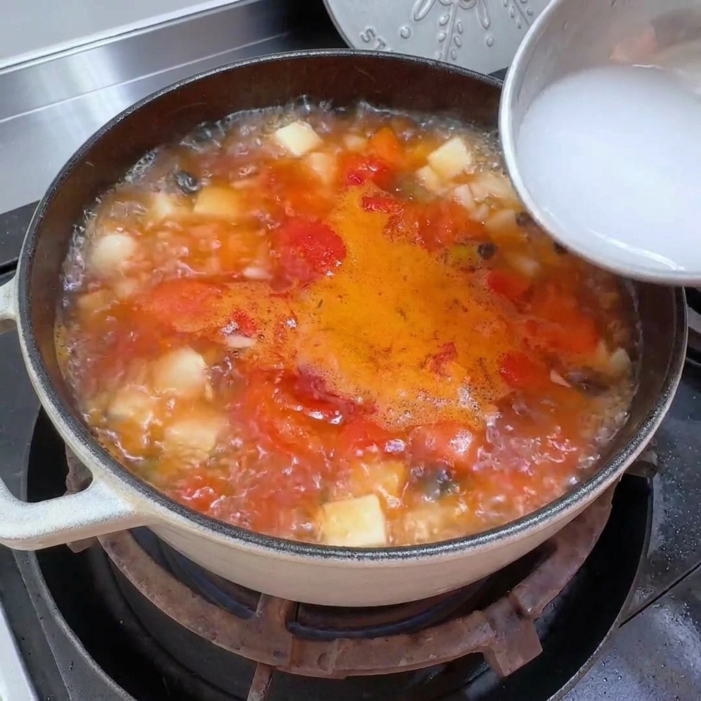 Pouring a white water-starch mixture from a small bowl into a pot of bubbling tomato soup.
