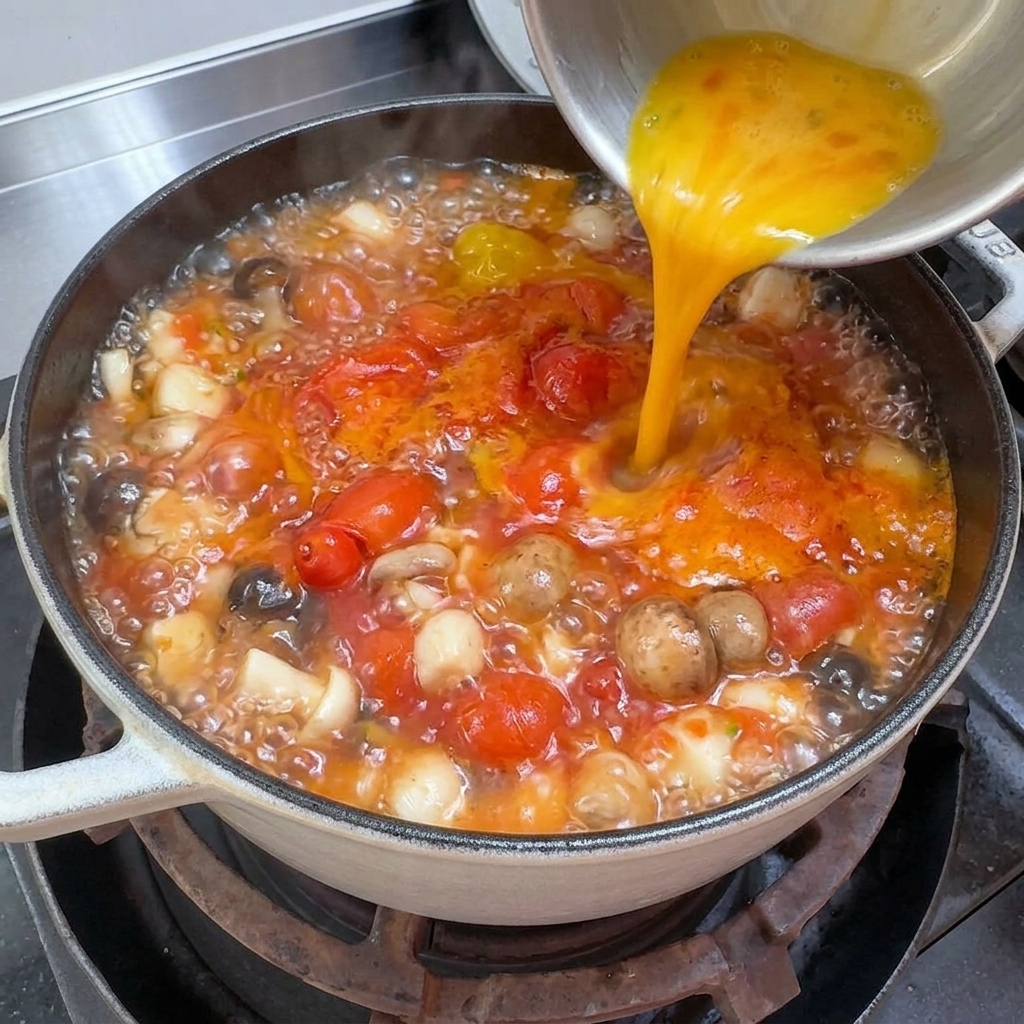 Drizzling beaten yellow egg liquid in a circular motion into a pot of boiling tomato and tofu soup.