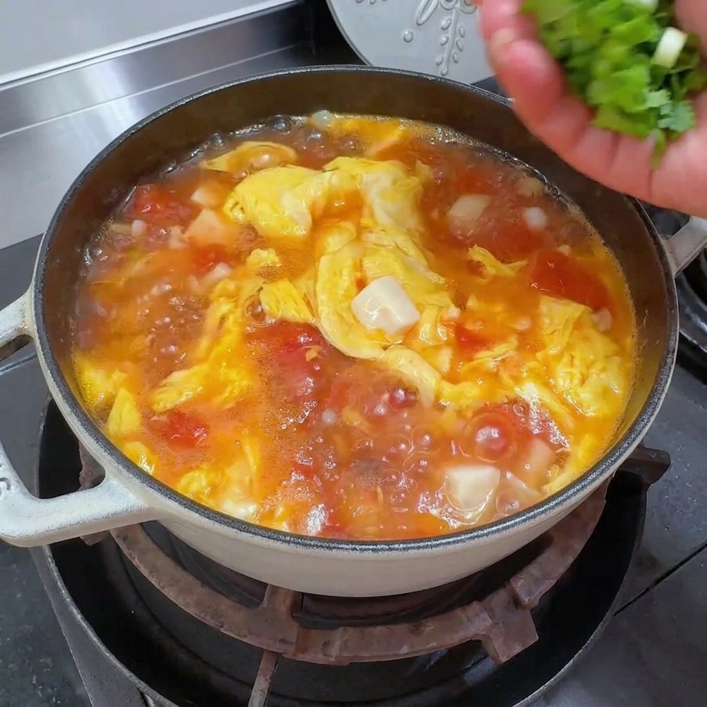 A close-up of fresh green cilantro leaves being sprinkled over a bubbling pot of tomato, tofu, and egg drop soup.