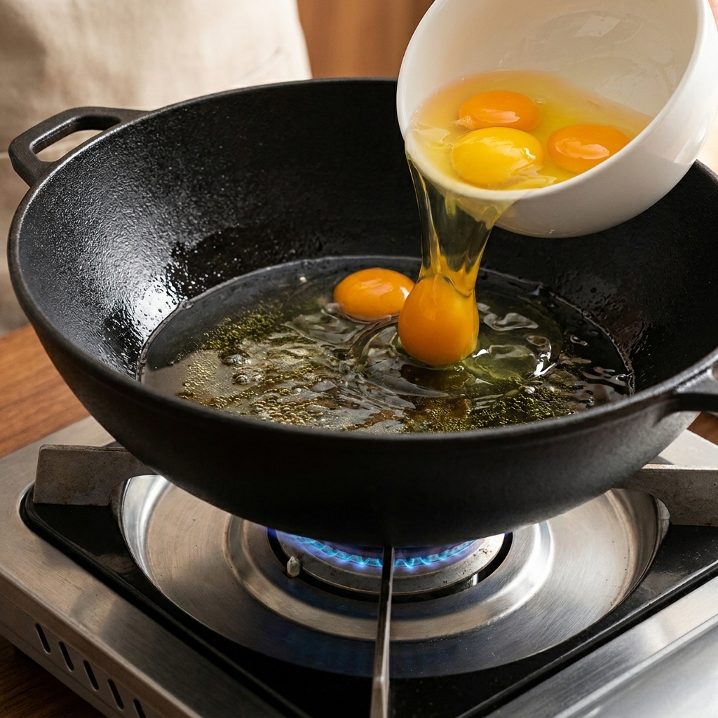 Eggs being poured into a hot cast iron pan to fry until golden.