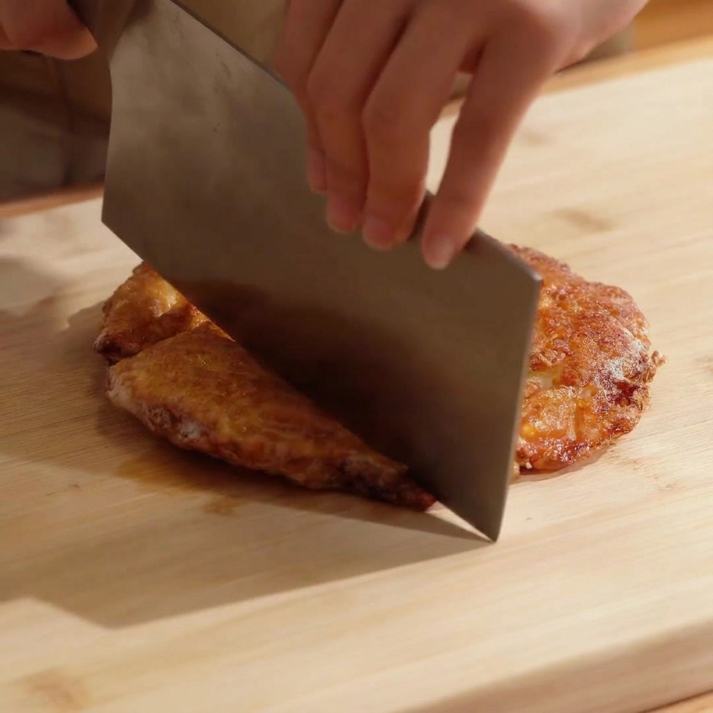 Golden brown fried egg being sliced into smaller pieces on a wooden cutting board.