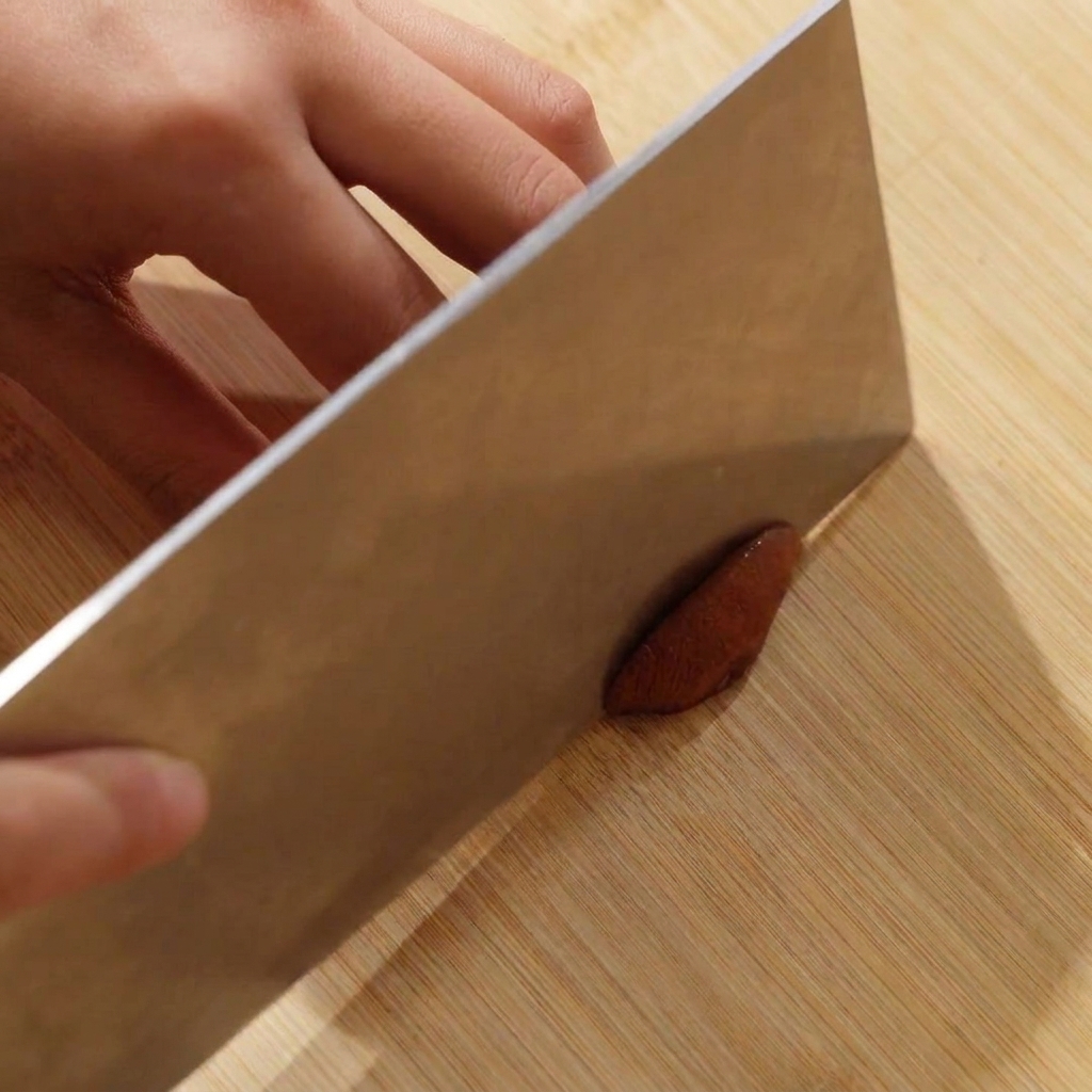 Fresh shiitake mushroom caps being sliced on a wooden cutting board.