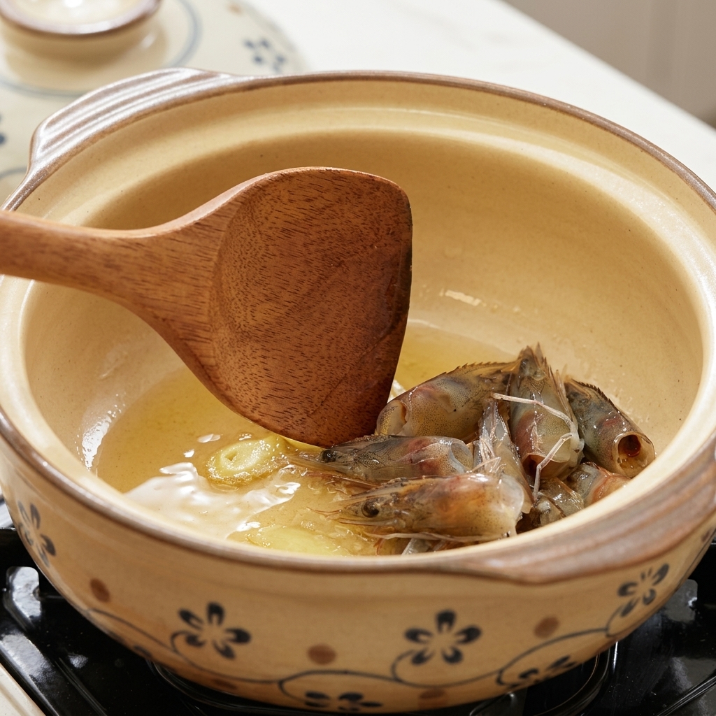 Shrimp heads and ginger slices sautéing in a clay pot with oil.