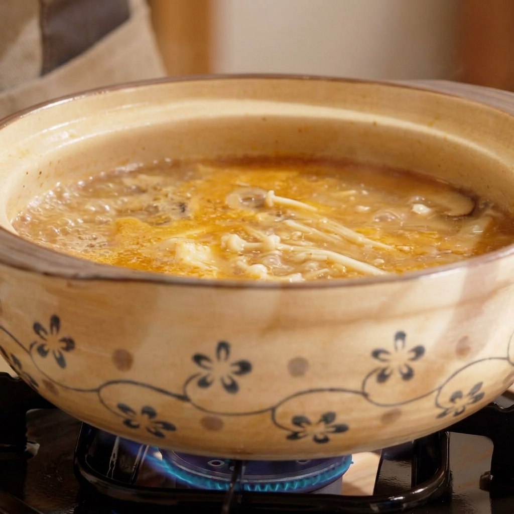 Soft tofu cubes being added to a simmering mushroom and broth base in a clay pot.