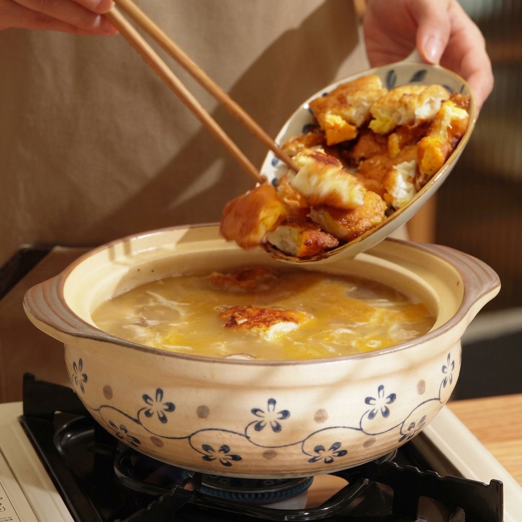 Fried golden egg pieces being added into a clay pot with simmering mushroom and tofu broth.