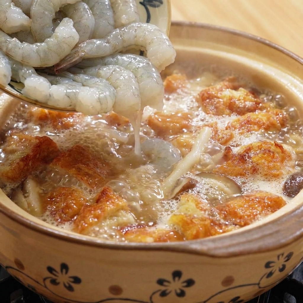 Raw, cleaned shrimp being poured into the clay pot containing mushrooms, tofu, and fried egg pieces.