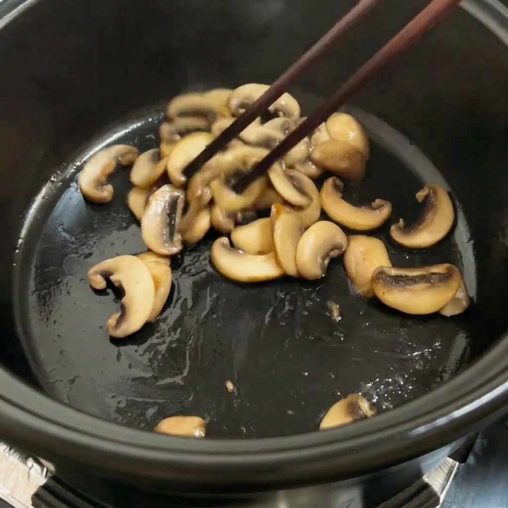 Diced tomatoes and mushrooms being stir-fried together in a pot.