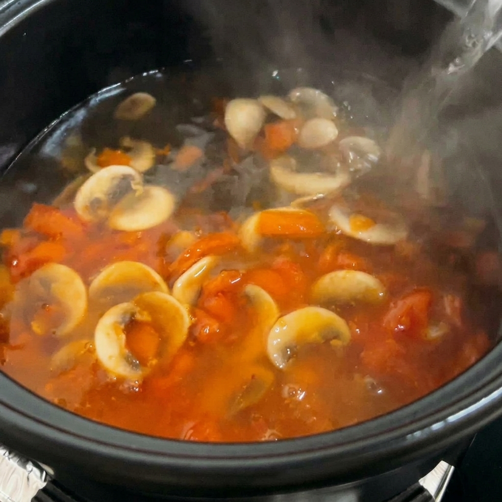 Boiling water being poured into the pot with the cooked tomato and mushroom mixture.