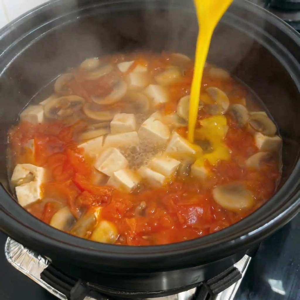 Beaten egg being poured into the bubbling soup, creating egg drop ribbons.