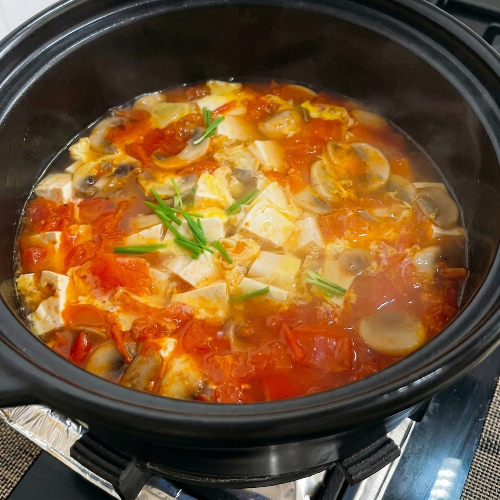 Close-up of salt being sprinkled into the bubbling tomato and tofu soup.