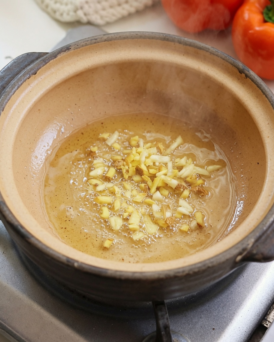 Minced ginger and garlic sizzling in a clay pot with oil.