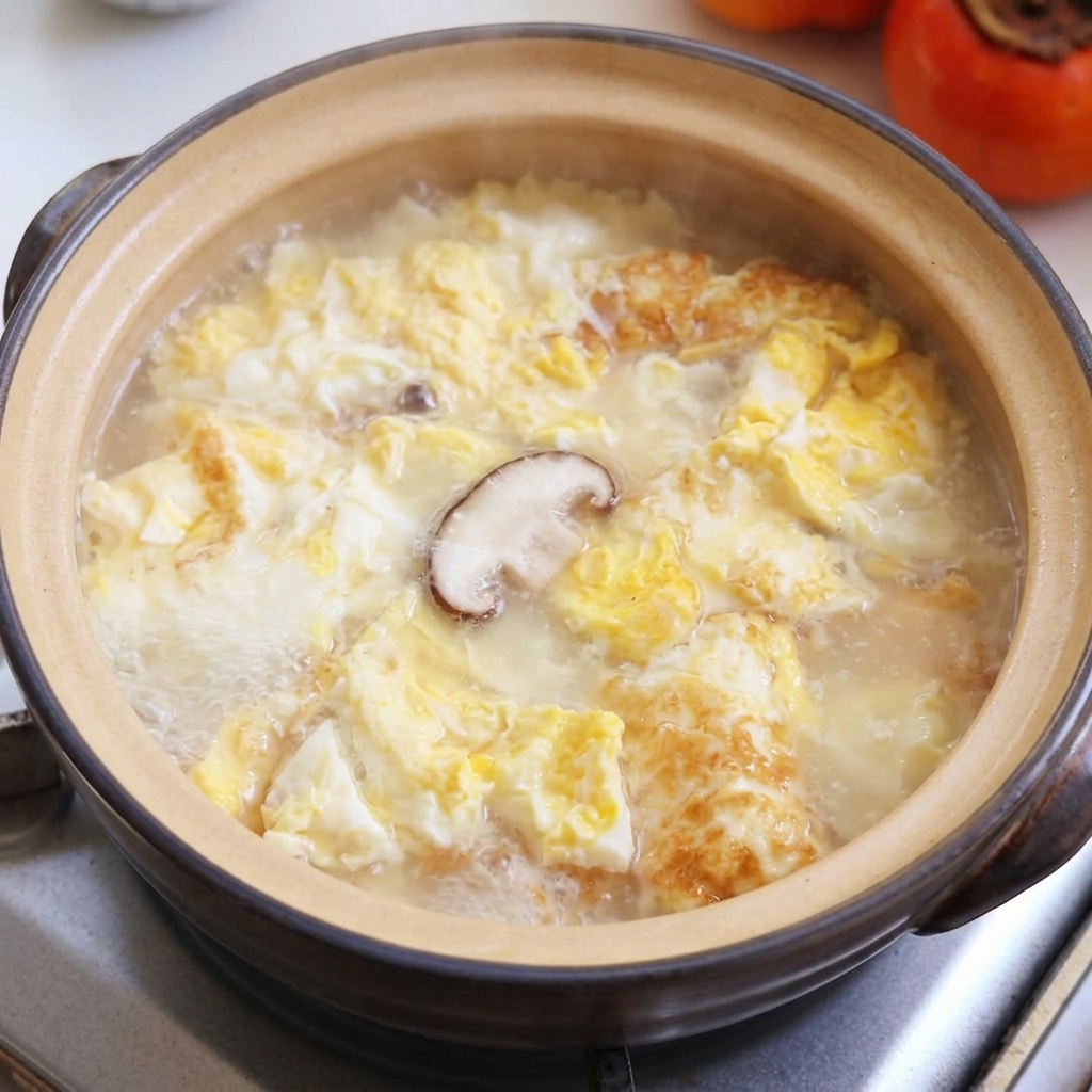 Shiitake mushrooms, tofu, and clams simmering in the boiling broth.