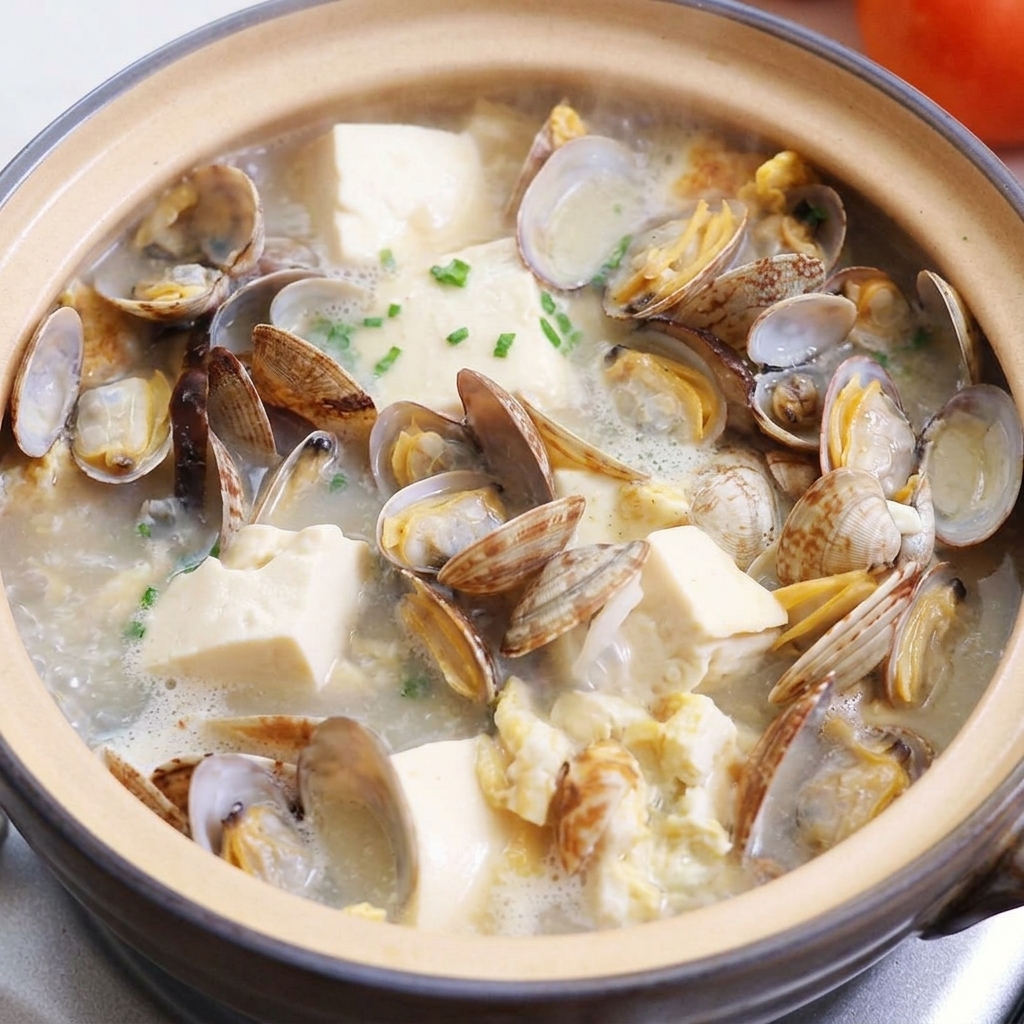 The finished clay pot of clam and tofu soup topped with a vibrant garnish of chopped green onions and cilantro.