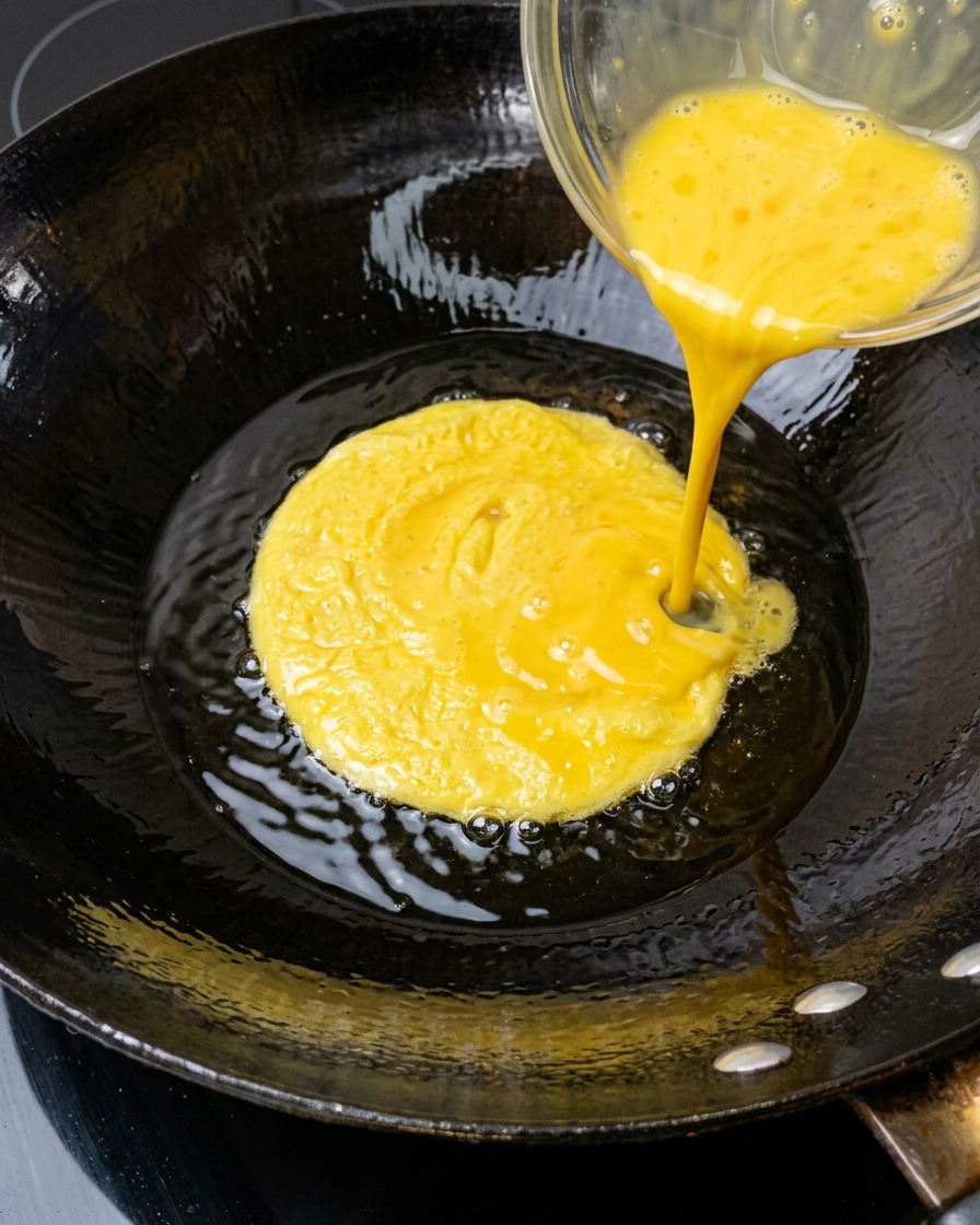 Eggs being scrambled in a hot wok with oil.